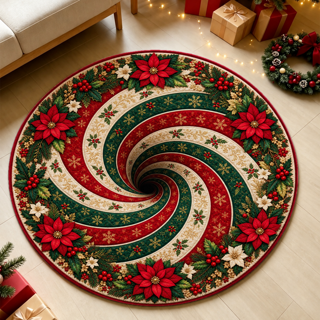 Christmas Round Doormat with Poinsettia Swirl Rug