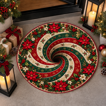 Christmas Round Doormat with Poinsettia Swirl Rug