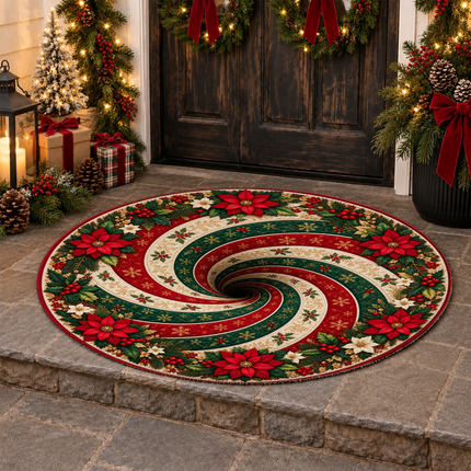 Christmas Round Doormat with Poinsettia Swirl Rug