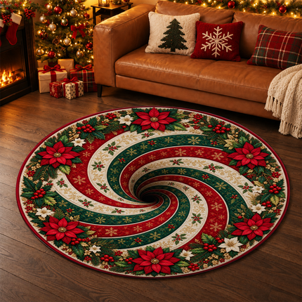 Christmas Round Doormat with Poinsettia Swirl Rug