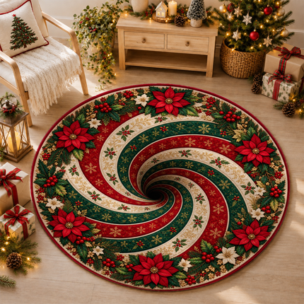 Christmas Round Doormat with Poinsettia Swirl Rug