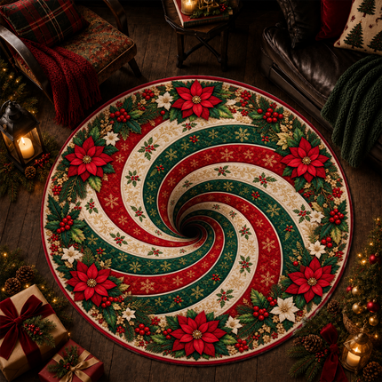 Christmas Round Doormat with Poinsettia Swirl Rug