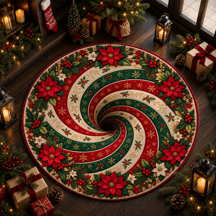 Christmas Round Doormat with Poinsettia Swirl Rug