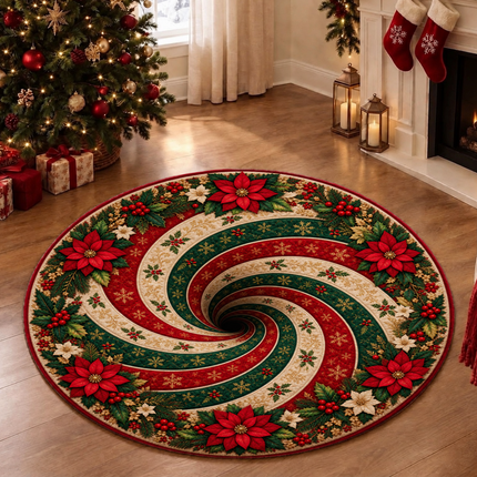 Christmas Round Doormat with Poinsettia Swirl Rug