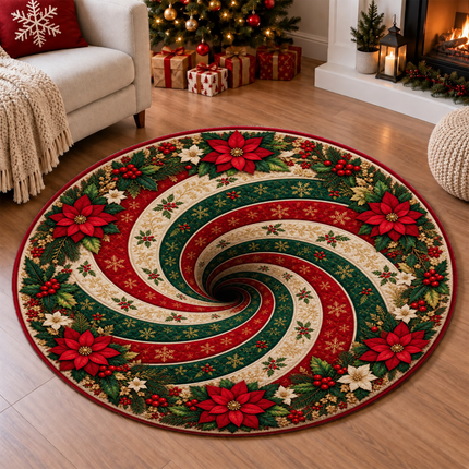 Christmas Round Doormat with Poinsettia Swirl Rug
