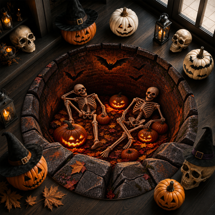 Halloween Round Rug Skeleton Pumpkin Haunted Pit Doormat