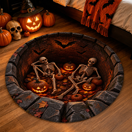 Halloween Round Rug Skeleton Pumpkin Haunted Pit Doormat