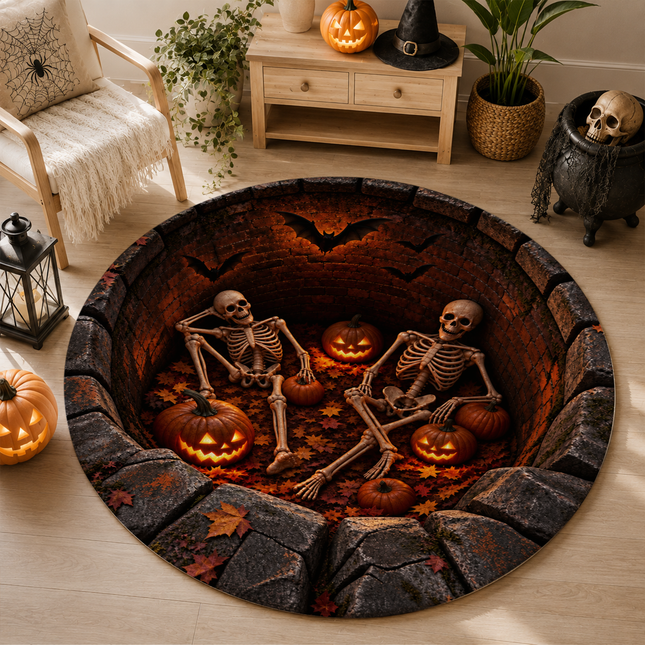 Halloween Round Rug Skeleton Pumpkin Haunted Pit Doormat