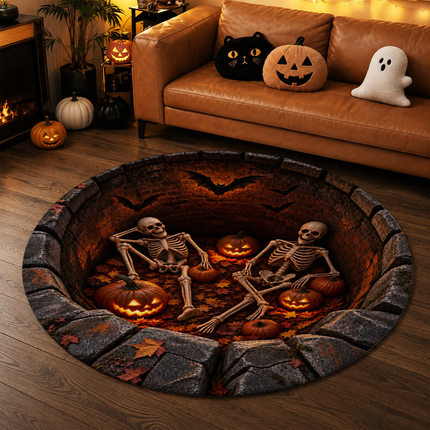 Halloween Round Rug Skeleton Pumpkin Haunted Pit Doormat