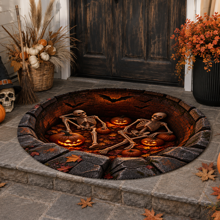Halloween Round Rug Skeleton Pumpkin Haunted Pit Doormat