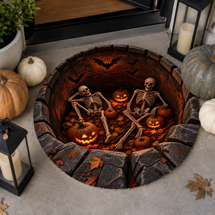 Halloween Round Rug Skeleton Pumpkin Haunted Pit Doormat