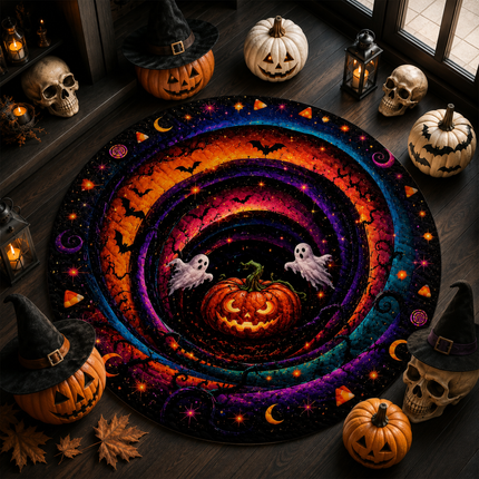 Halloween Round Rug Ghost Pumpkin Spiral Doormat