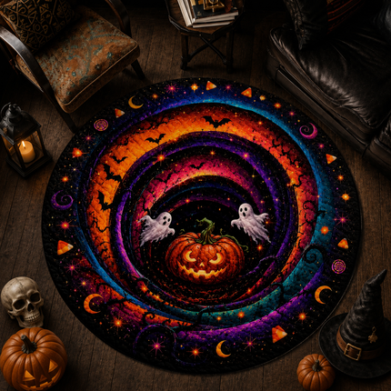 Halloween Round Rug Ghost Pumpkin Spiral Doormat