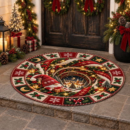 Christmas Round Doormat with Gnome Village Scene