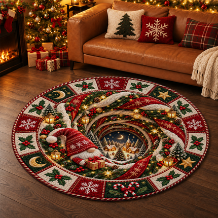 Christmas Round Doormat with Gnome Village Scene