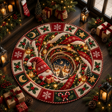 Christmas Round Doormat with Gnome Village Scene