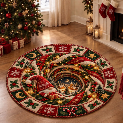 Christmas Round Doormat with Gnome Village Scene