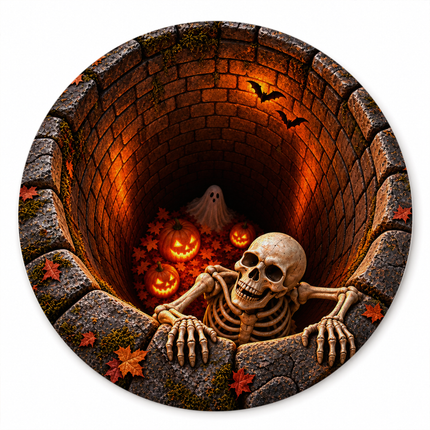 Halloween Round Rug Skeleton Pumpkin Haunted Well Doormat