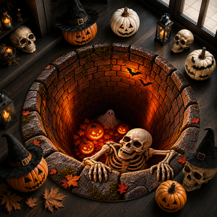 Halloween Round Rug Skeleton Pumpkin Haunted Well Doormat