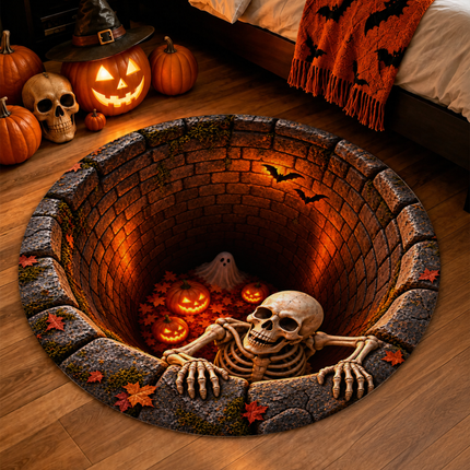 Halloween Round Rug Skeleton Pumpkin Haunted Well Doormat