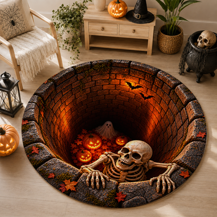 Halloween Round Rug Skeleton Pumpkin Haunted Well Doormat