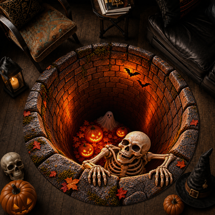 Halloween Round Rug Skeleton Pumpkin Haunted Well Doormat
