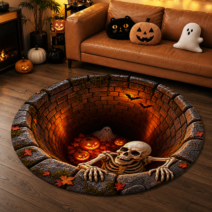 Halloween Round Rug Skeleton Pumpkin Haunted Well Doormat