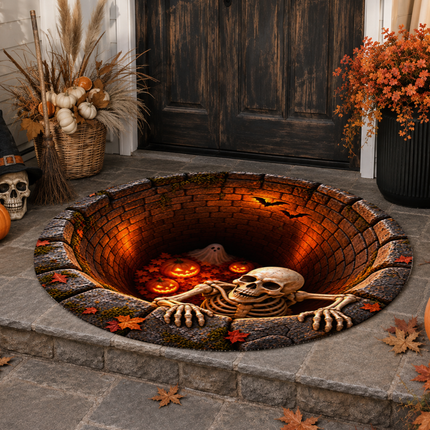 Halloween Round Rug Skeleton Pumpkin Haunted Well Doormat