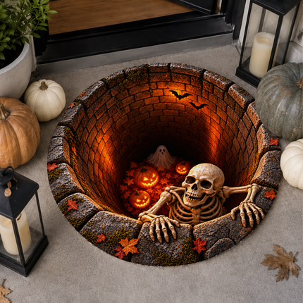 Halloween Round Rug Skeleton Pumpkin Haunted Well Doormat
