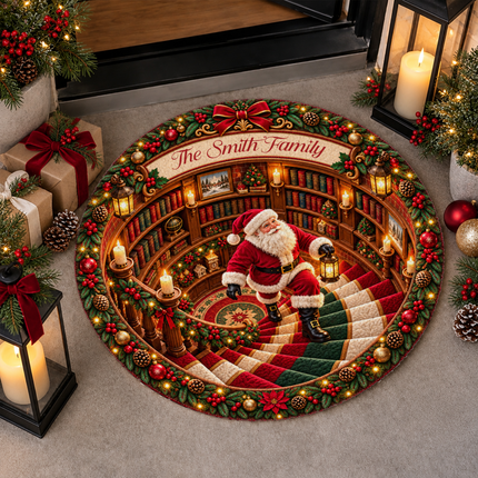 Personalized Christmas Doormat Santa Family Name Round Rug