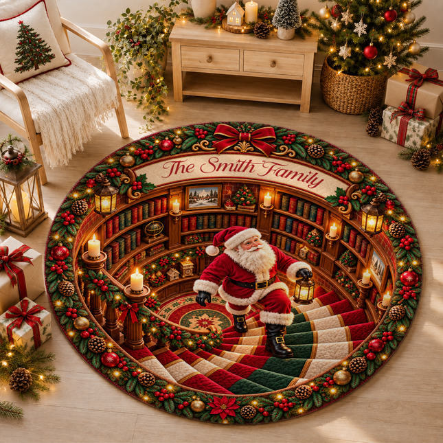 Personalized Christmas Doormat Santa Family Name Round Rug
