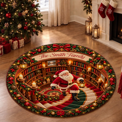 Personalized Christmas Doormat Santa Family Name Round Rug