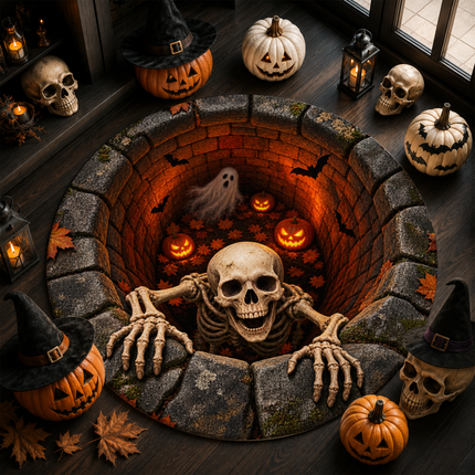 Halloween Round Rug Skeleton Ghost Pumpkin Well Doormat