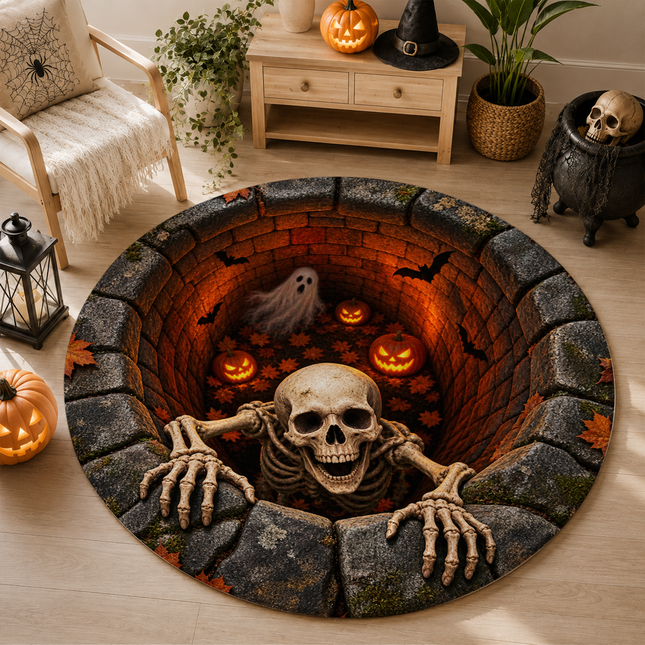 Halloween Round Rug Skeleton Ghost Pumpkin Well Doormat