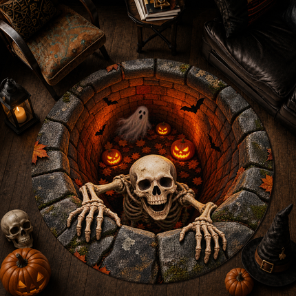 Halloween Round Rug Skeleton Ghost Pumpkin Well Doormat
