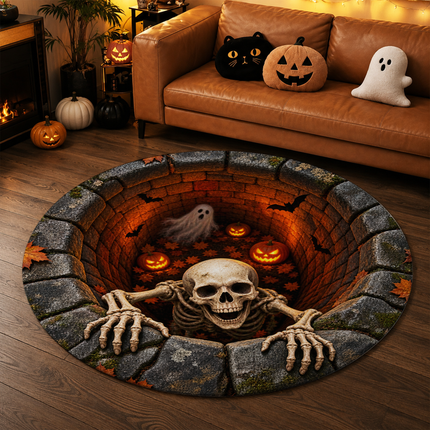 Halloween Round Rug Skeleton Ghost Pumpkin Well Doormat