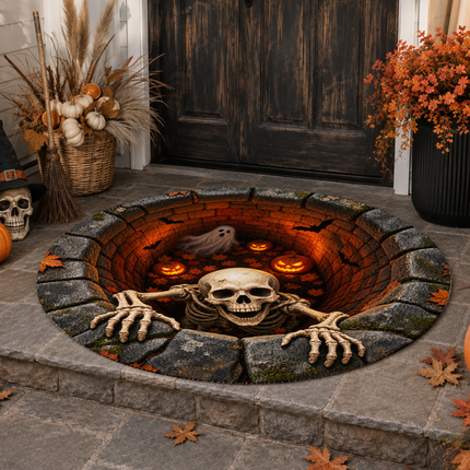 Halloween Round Rug Skeleton Ghost Pumpkin Well Doormat