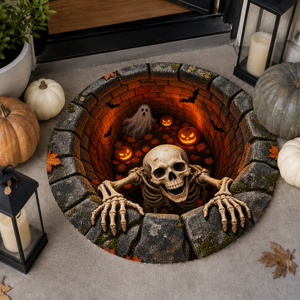 Halloween Round Rug Skeleton Ghost Pumpkin Well Doormat