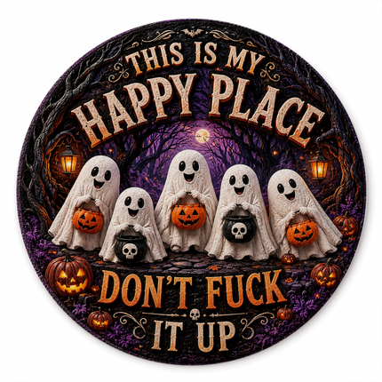Halloween Round Rug Ghost Pumpkin Happy Place Doormat