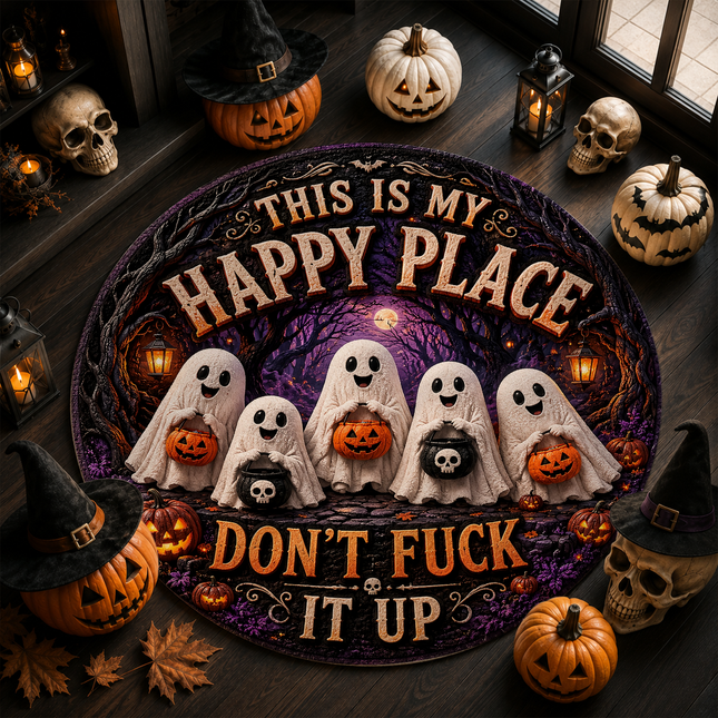 Halloween Round Rug Ghost Pumpkin Happy Place Doormat