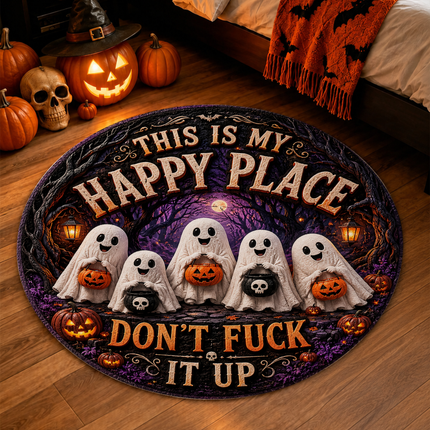 Halloween Round Rug Ghost Pumpkin Happy Place Doormat