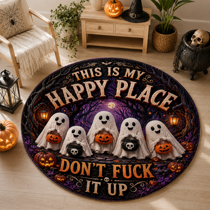 Halloween Round Rug Ghost Pumpkin Happy Place Doormat