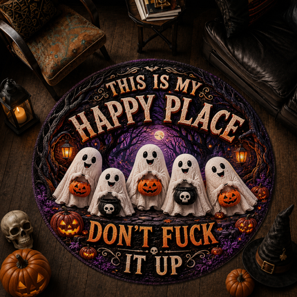Halloween Round Rug Ghost Pumpkin Happy Place Doormat
