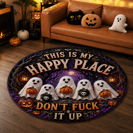 Halloween Round Rug Ghost Pumpkin Happy Place Doormat