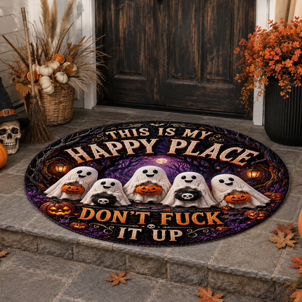 Halloween Round Rug Ghost Pumpkin Happy Place Doormat