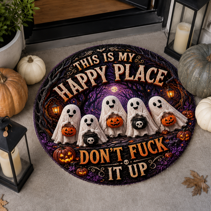 Halloween Round Rug Ghost Pumpkin Happy Place Doormat