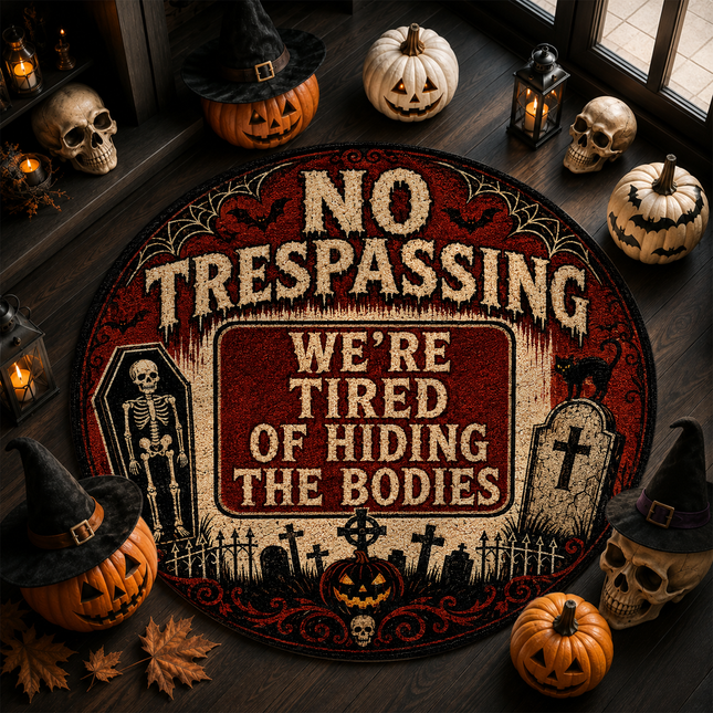 Halloween Round Rug No Trespassing Skeleton Doormat
