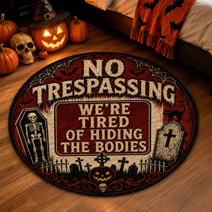Halloween Round Rug No Trespassing Skeleton Doormat