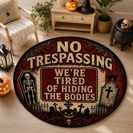 Halloween Round Rug No Trespassing Skeleton Doormat