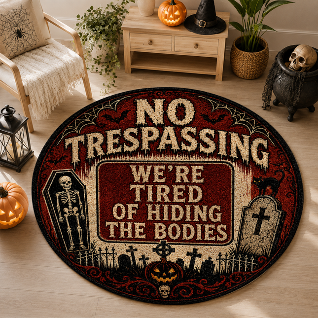 Halloween Round Rug No Trespassing Skeleton Doormat